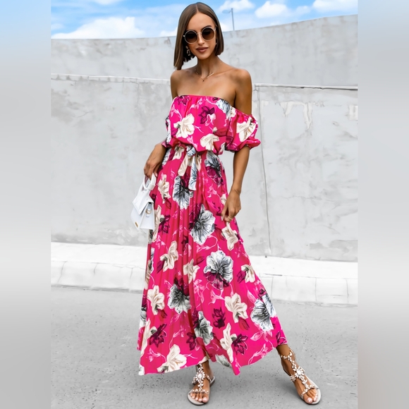 Pleated Floral Off-Shoulder Short Sleeve Midi Dress - Picture 4 of 8